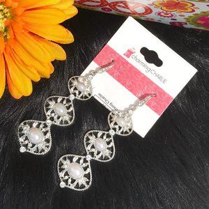 Long Boho Earrings Drop Pearls Crystal Bling Silvertone Dressy Dangles Bridal